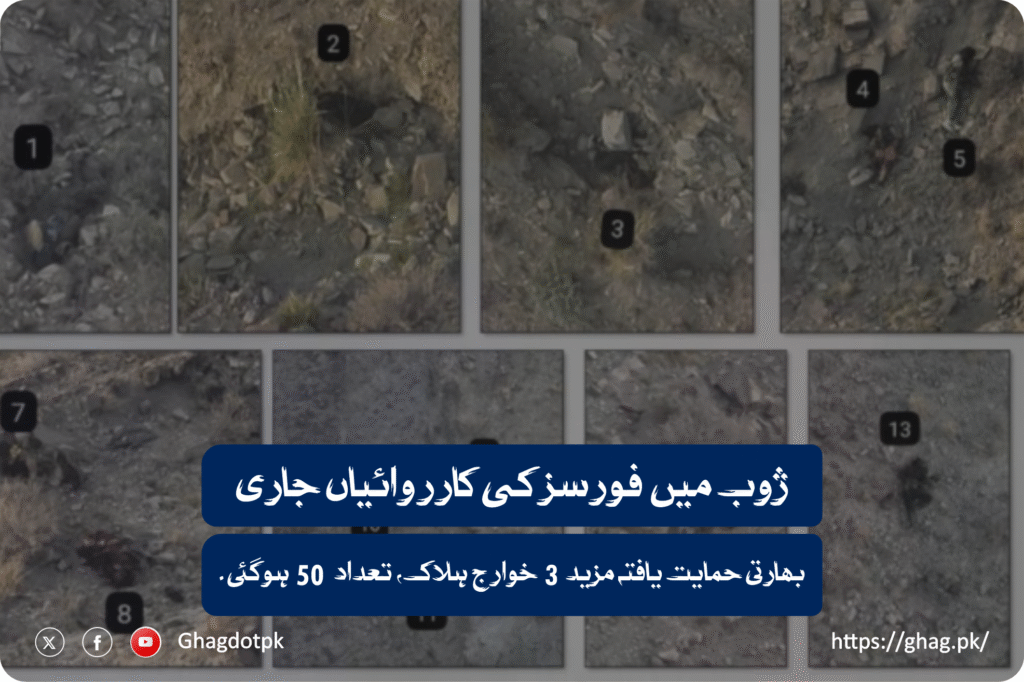 ژوب میں فورسز کی کارروائیاں جاری، بھارتی حمایت یافتہ مزید 3 خوارج ہلاک، تعداد 50 ہوگئی۔